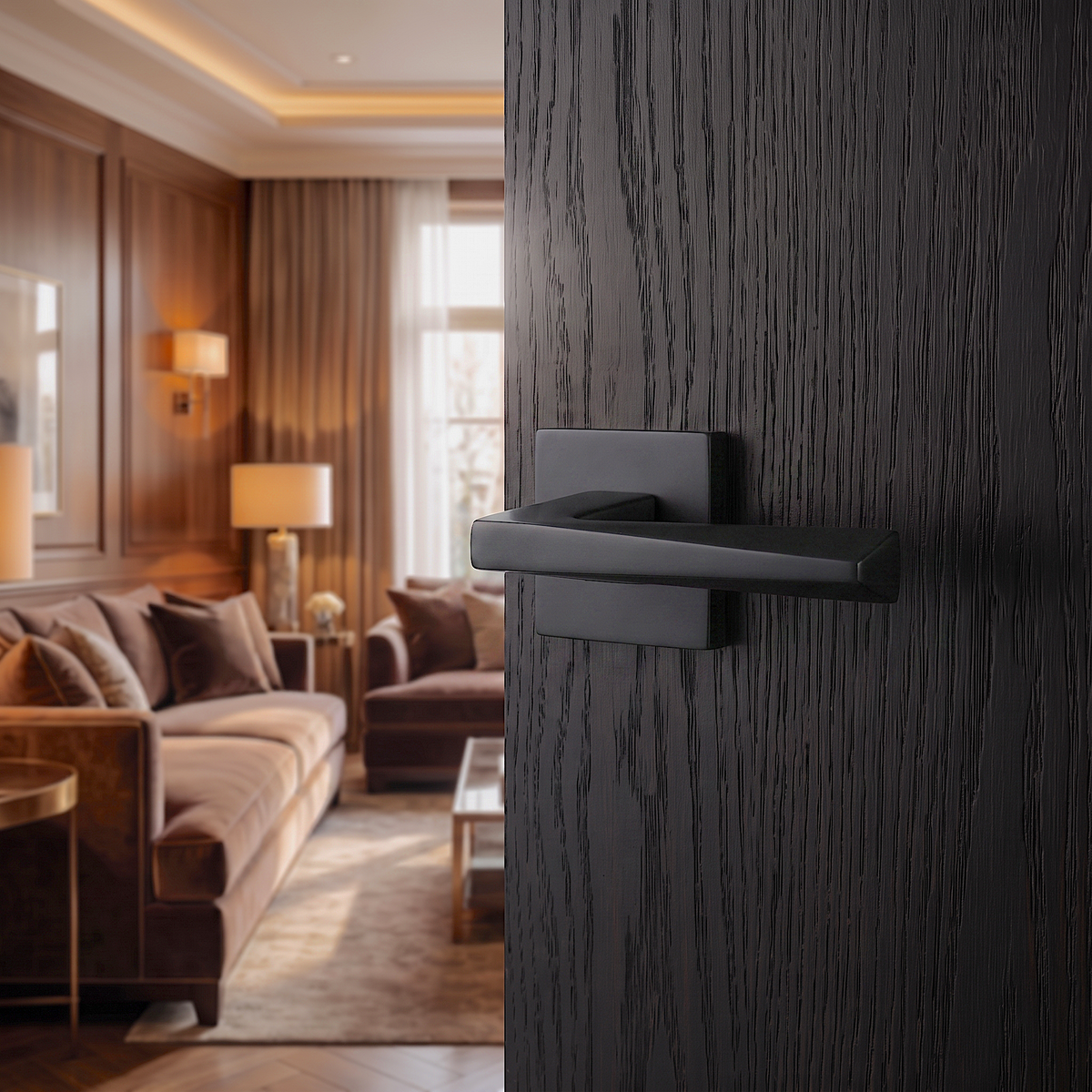 Leda Matt Black Door Lever Handles – fitted on an interior door in a styled room setting 3