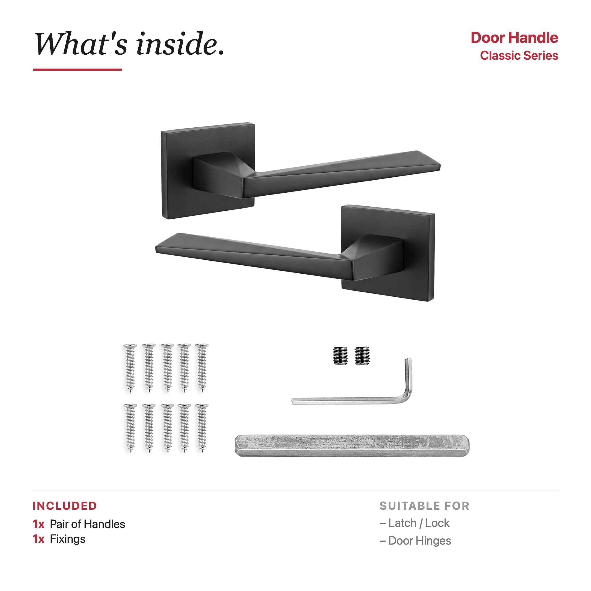 Leda Internal Door Handles - Matt Black – showing what's included in the box