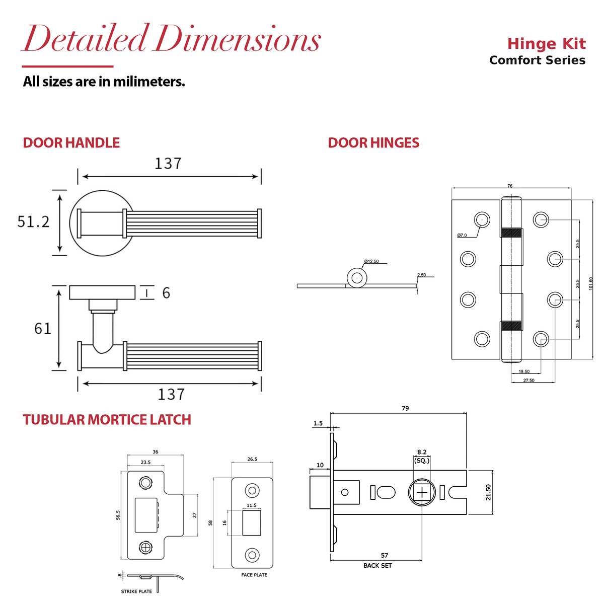 Leto Antique Brass Passage Door Lever Handles – dimensions and measurements diagram