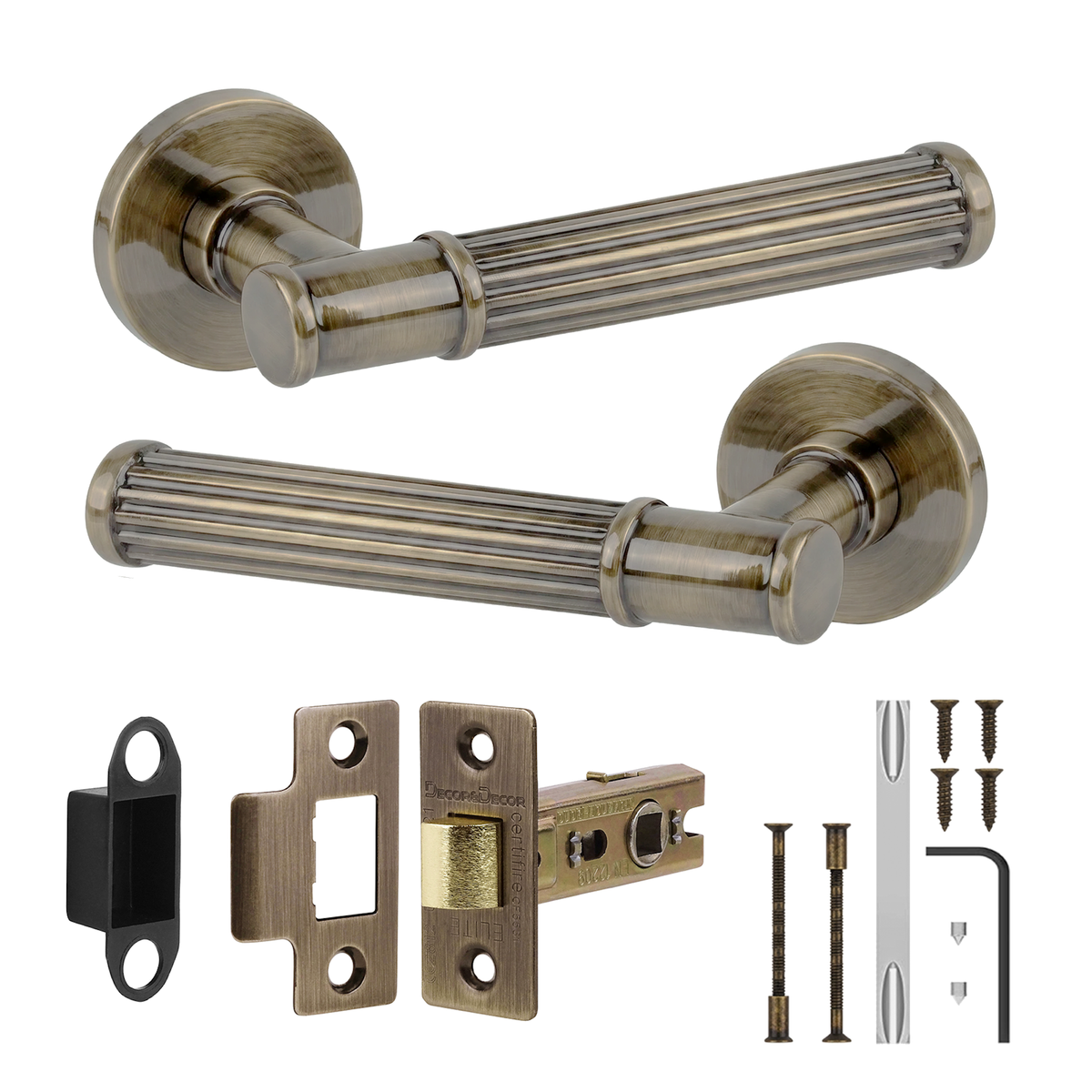 Leto Antique Brass Passage Door Lever Handles - Latch Kit 76mm