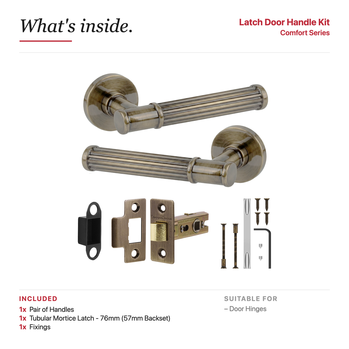 Leto Antique Brass Passage Door Lever Handles – showing what's included in the box