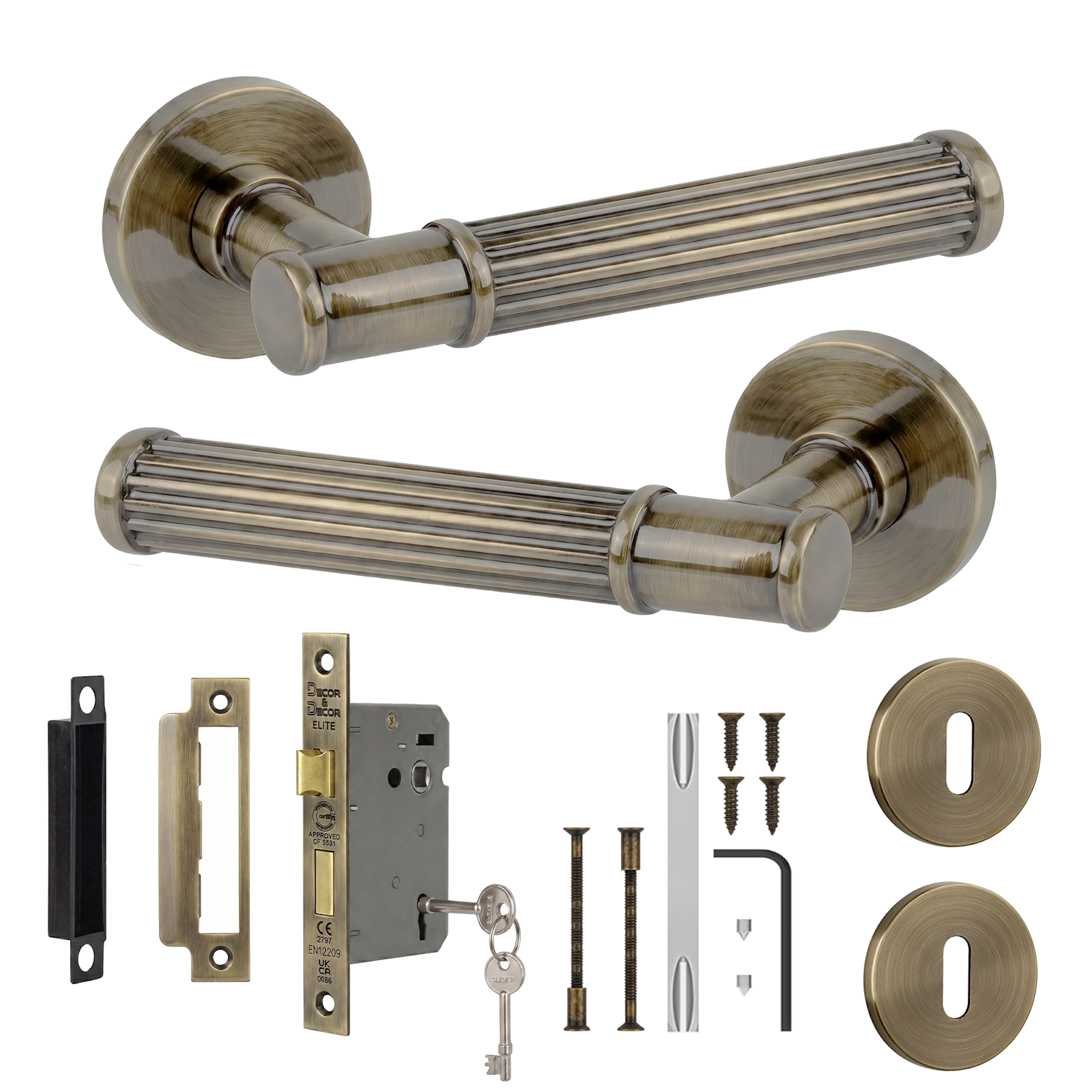 Leto Antique Brass Privacy Door Lever Handles - Sash Lock Kit 76mm