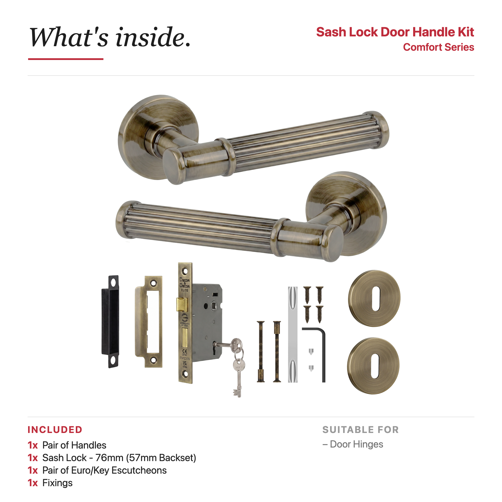 Leto Antique Brass Privacy Door Lever Handles – showing what's included in the box
