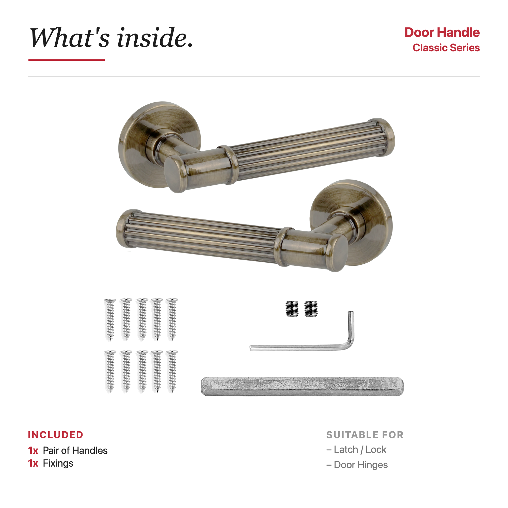 Leto Antique Brass Door Lever Handles – showing what's included in the box