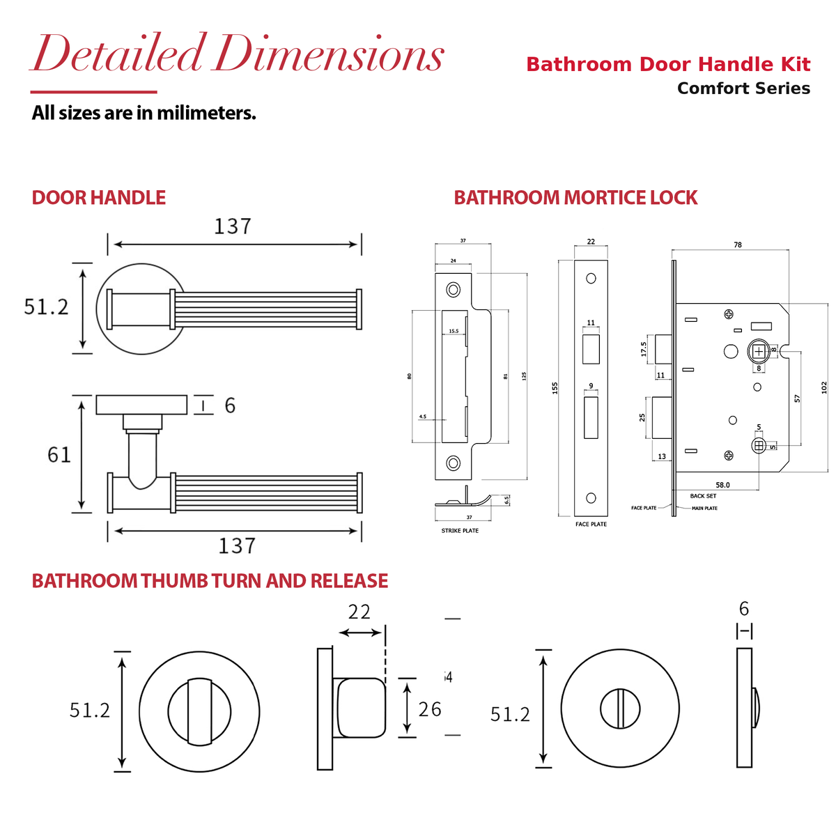 Leto Matt Black Bathroom Door Lever Handles – dimensions and measurements diagram