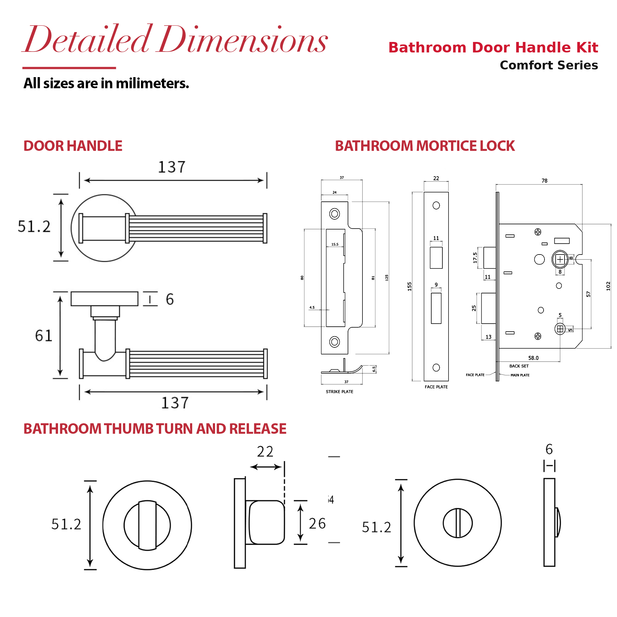 Leto Matt Black Bathroom Door Lever Handles – dimensions and measurements diagram