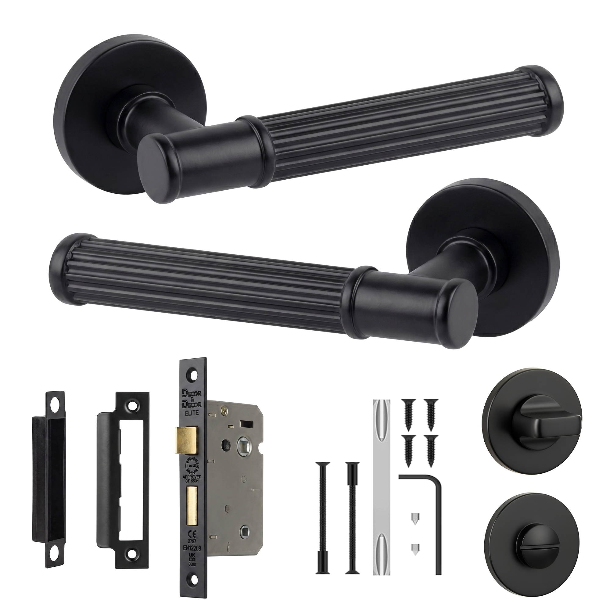 Leto Matt Black Bathroom Door Lever Handles - Bathroom Kit 76mm