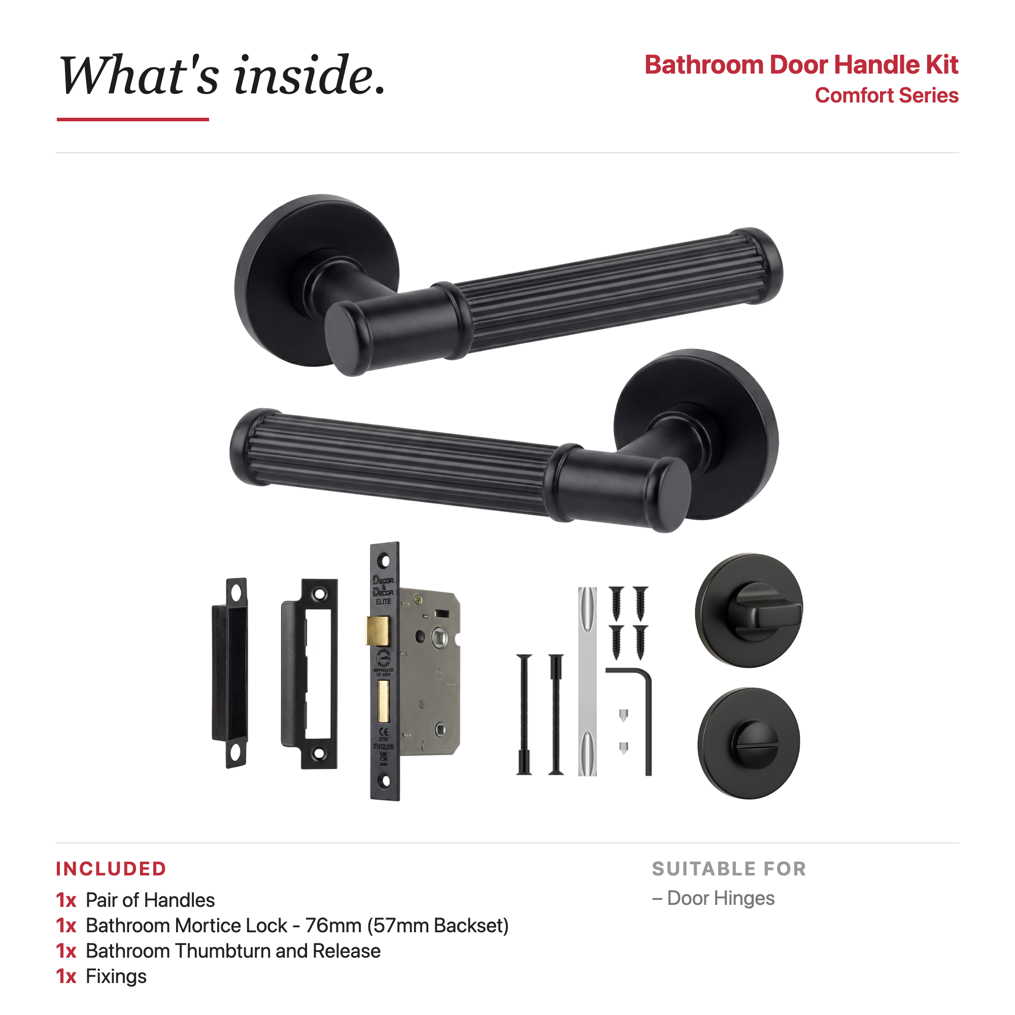 Leto Matt Black Bathroom Door Lever Handles – showing what's included in the box
