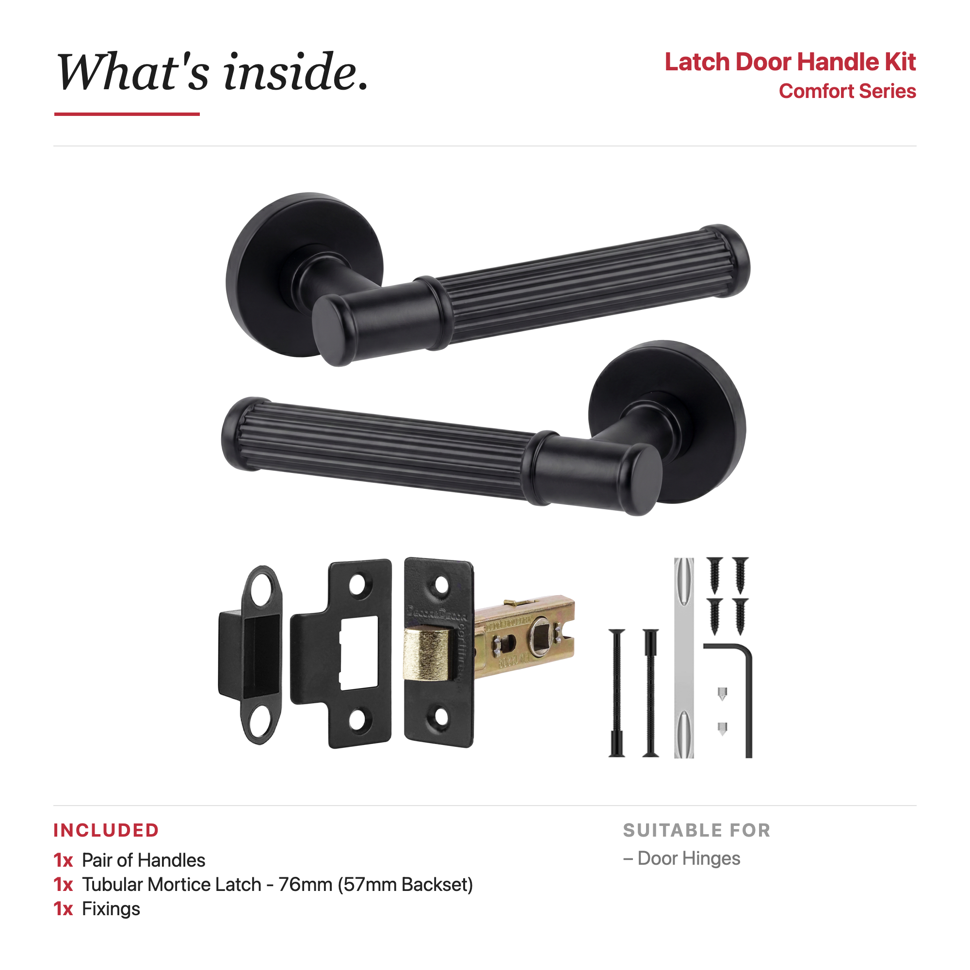 Leto Matt Black Passage Door Lever Handles – showing what's included in the box