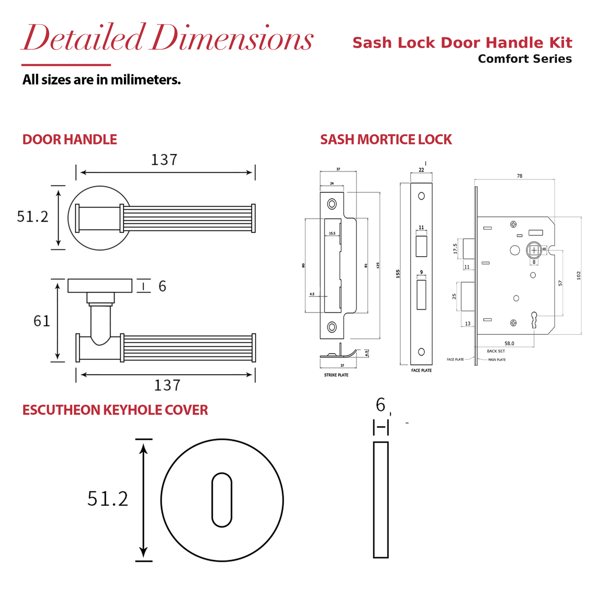 Leto Matt Black Privacy Door Lever Handles – dimensions and measurements diagram