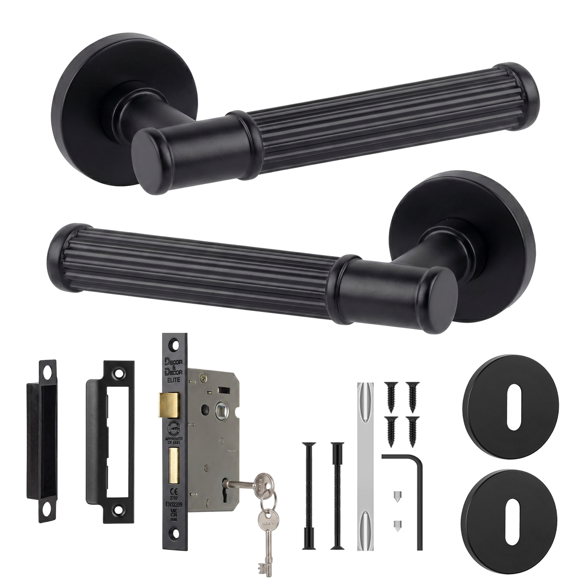 Leto Matt Black Privacy Door Lever Handles - Sash Lock Kit 76mm