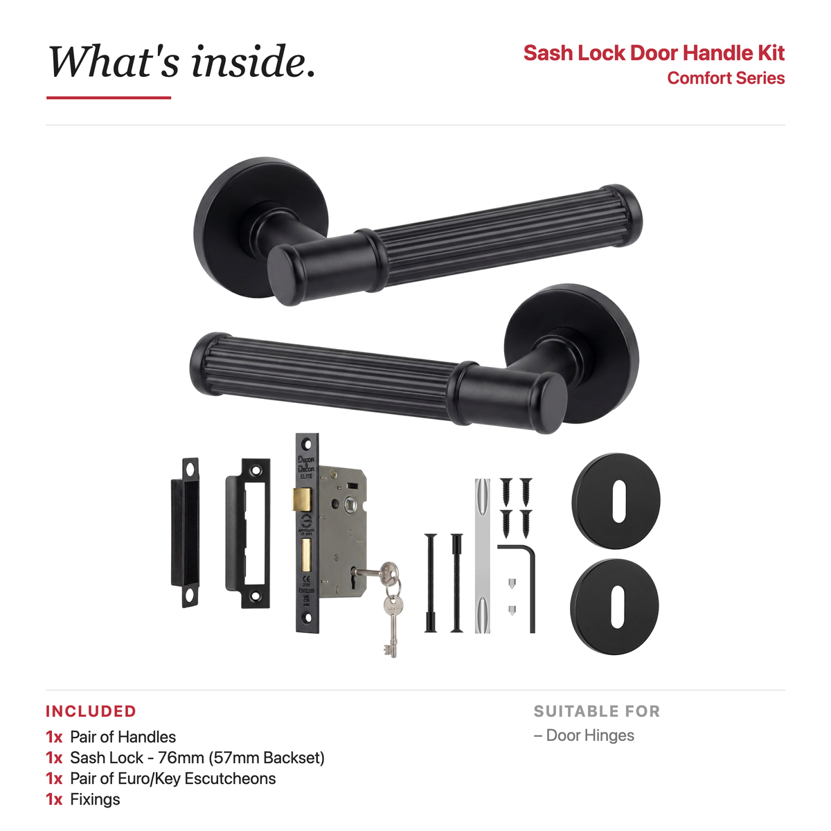 Leto Matt Black Privacy Door Lever Handles – showing what's included in the box