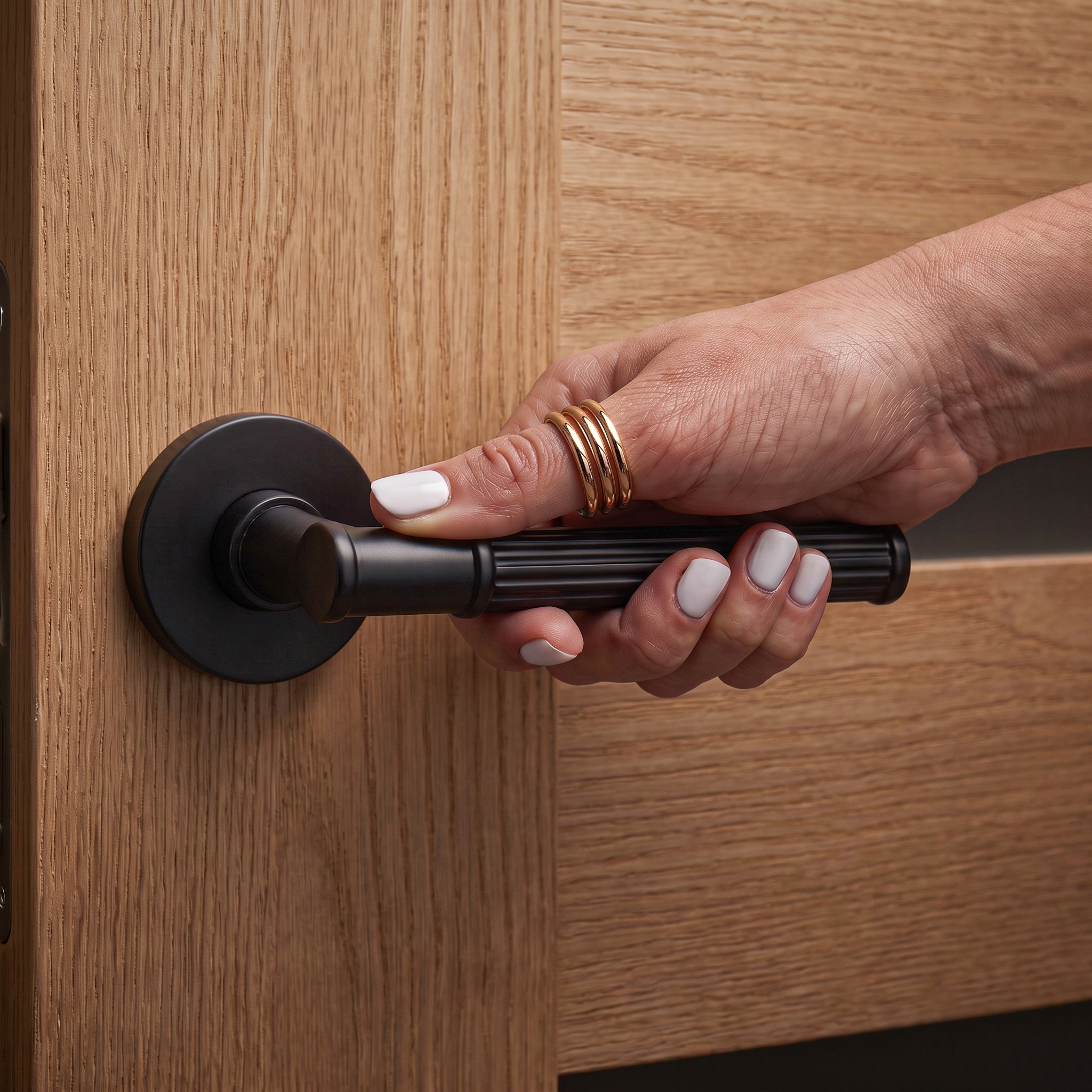 Leto Matt Black Door Lever Handles – held in hand to show the size and finish