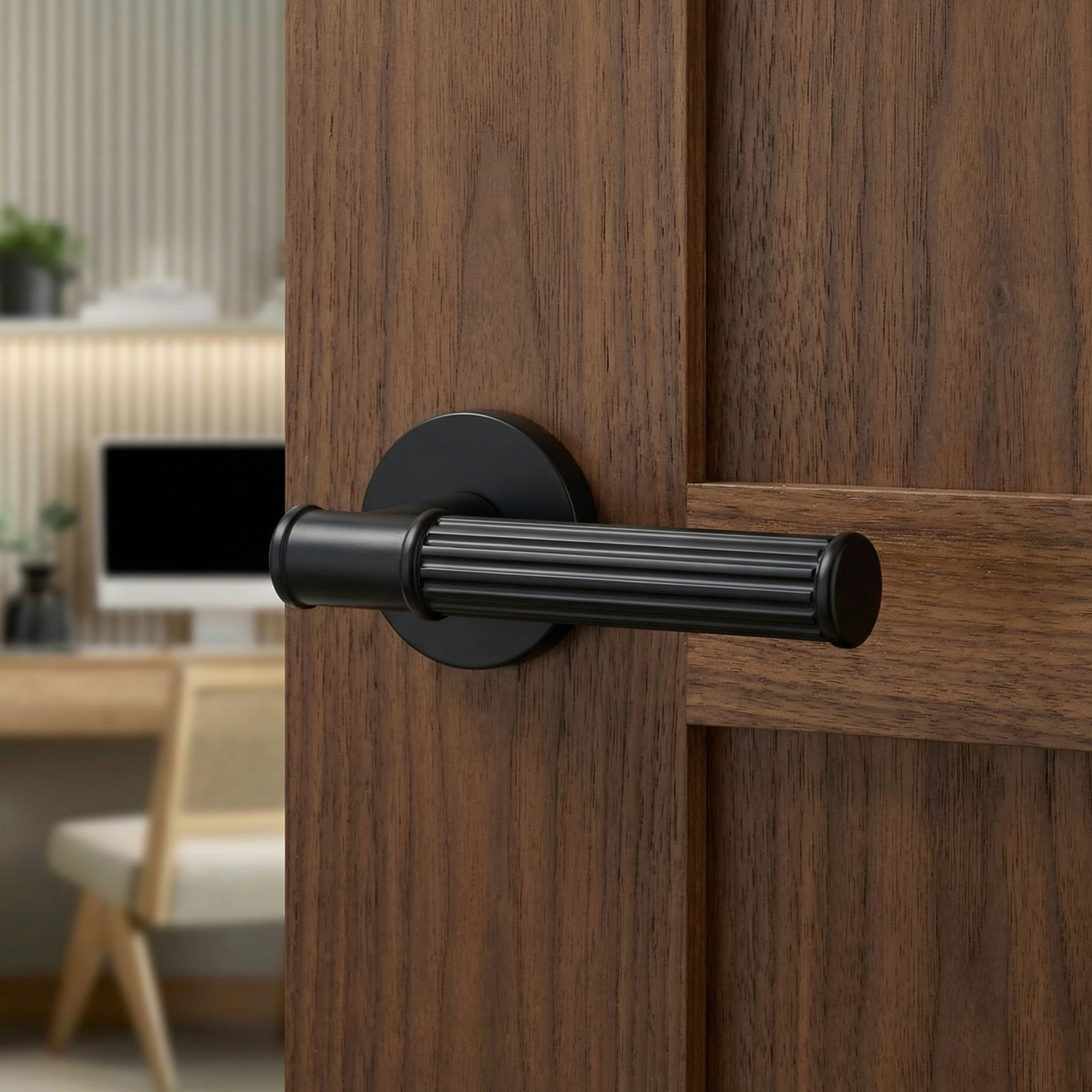 Leto Matt Black Passage Door Lever Handles – fitted on an interior door in a styled room setting