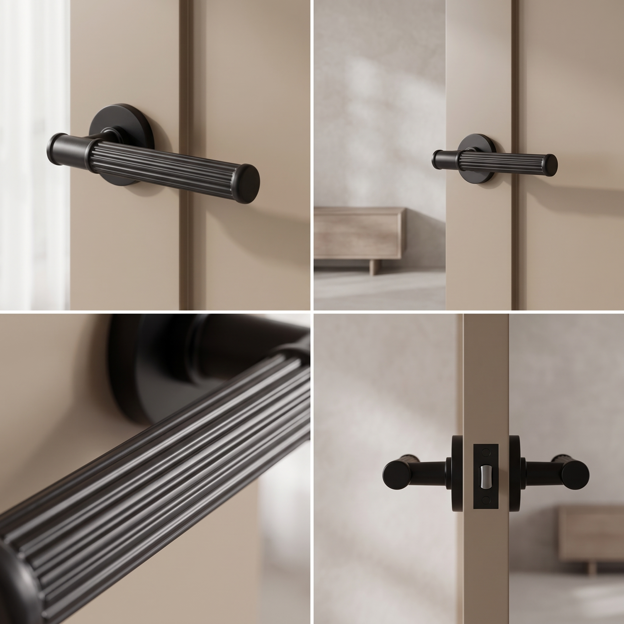 Leto Matt Black Door Lever Handles – fitted on an interior door in a styled room setting 2