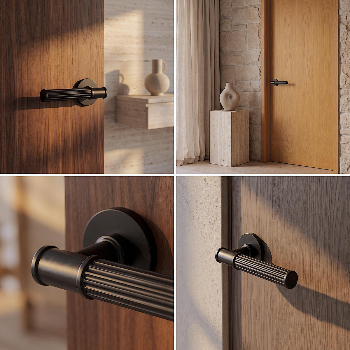 Leto Matt Black Door Lever Handles – fitted on an interior door in a styled room setting 3