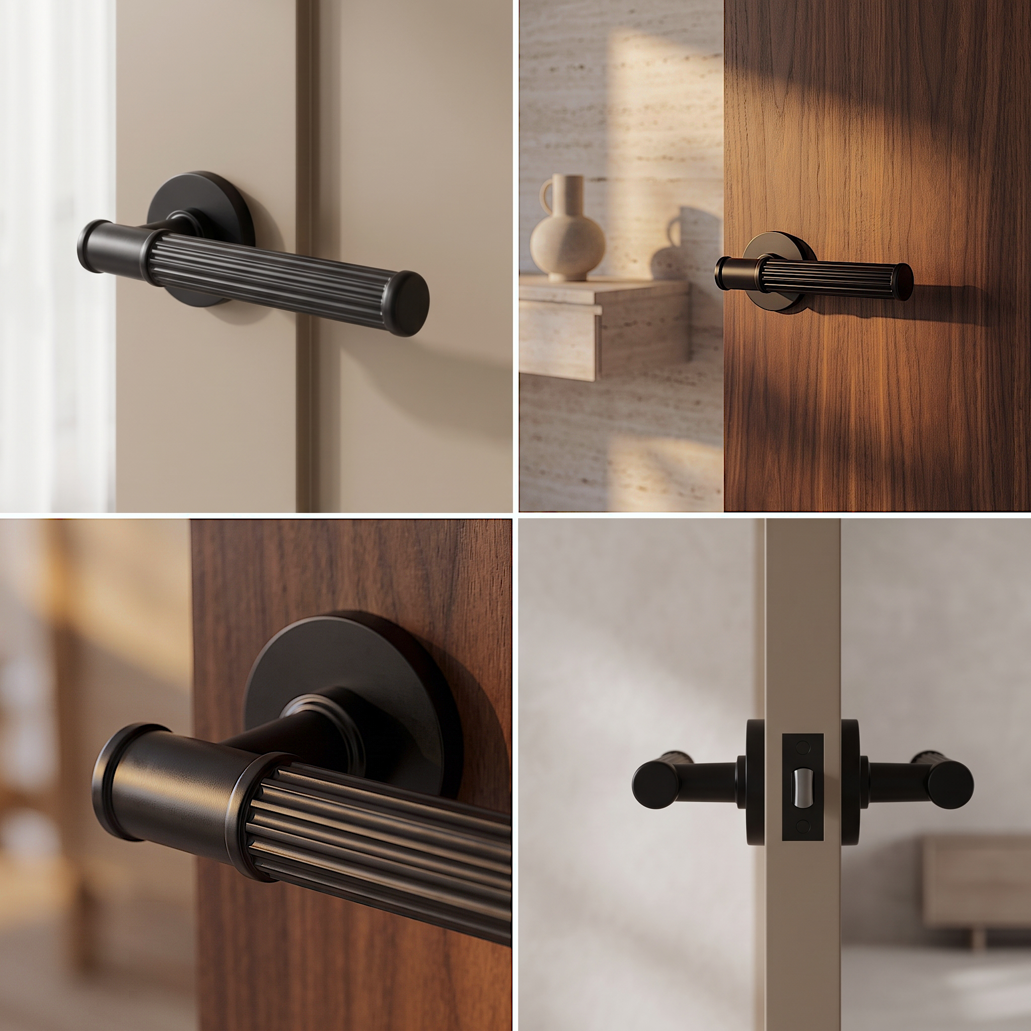 Leto Matt Black Passage Door Lever Handles – fitted on an interior door in a styled room setting 4