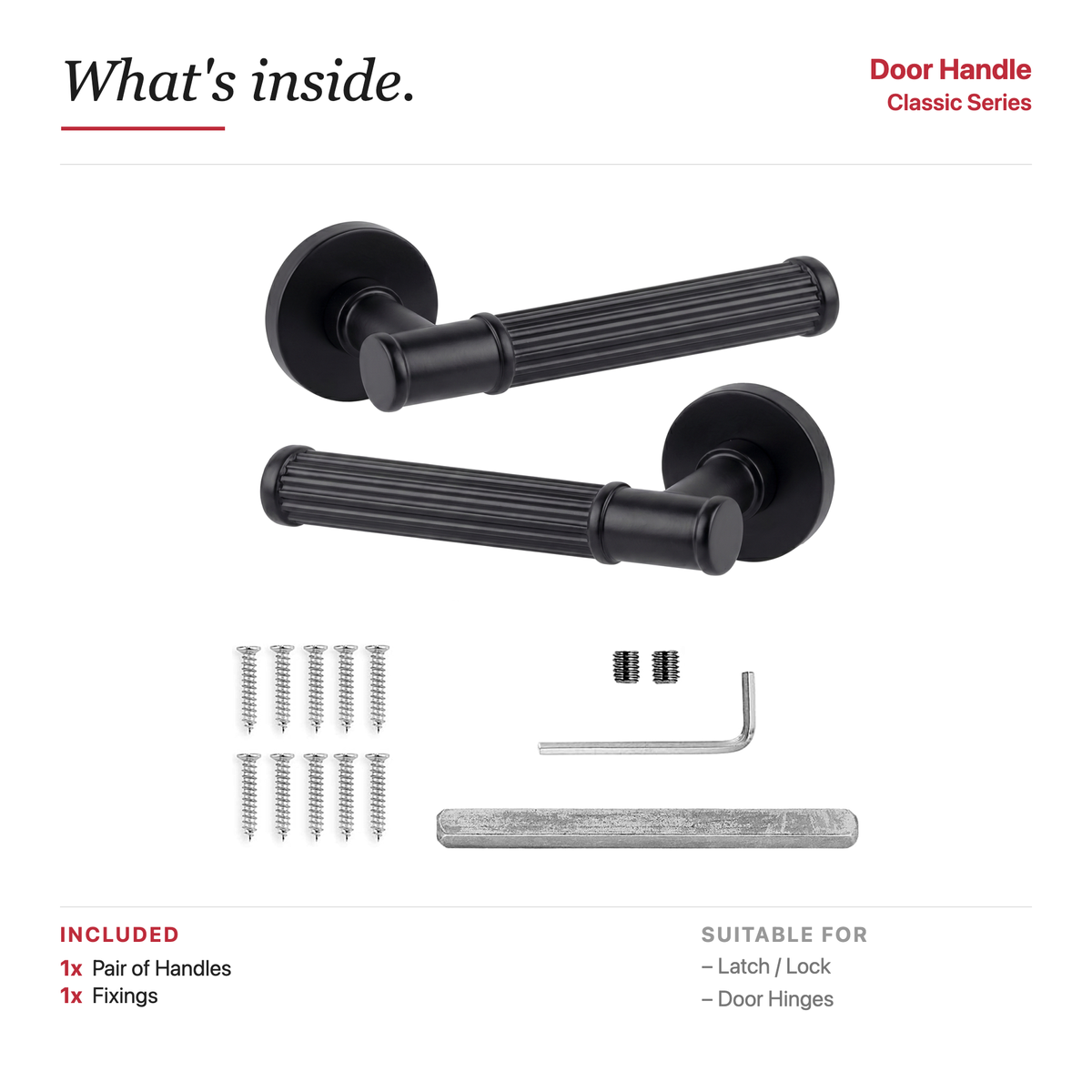 Leto Matt Black Door Lever Handles – showing what's included in the box