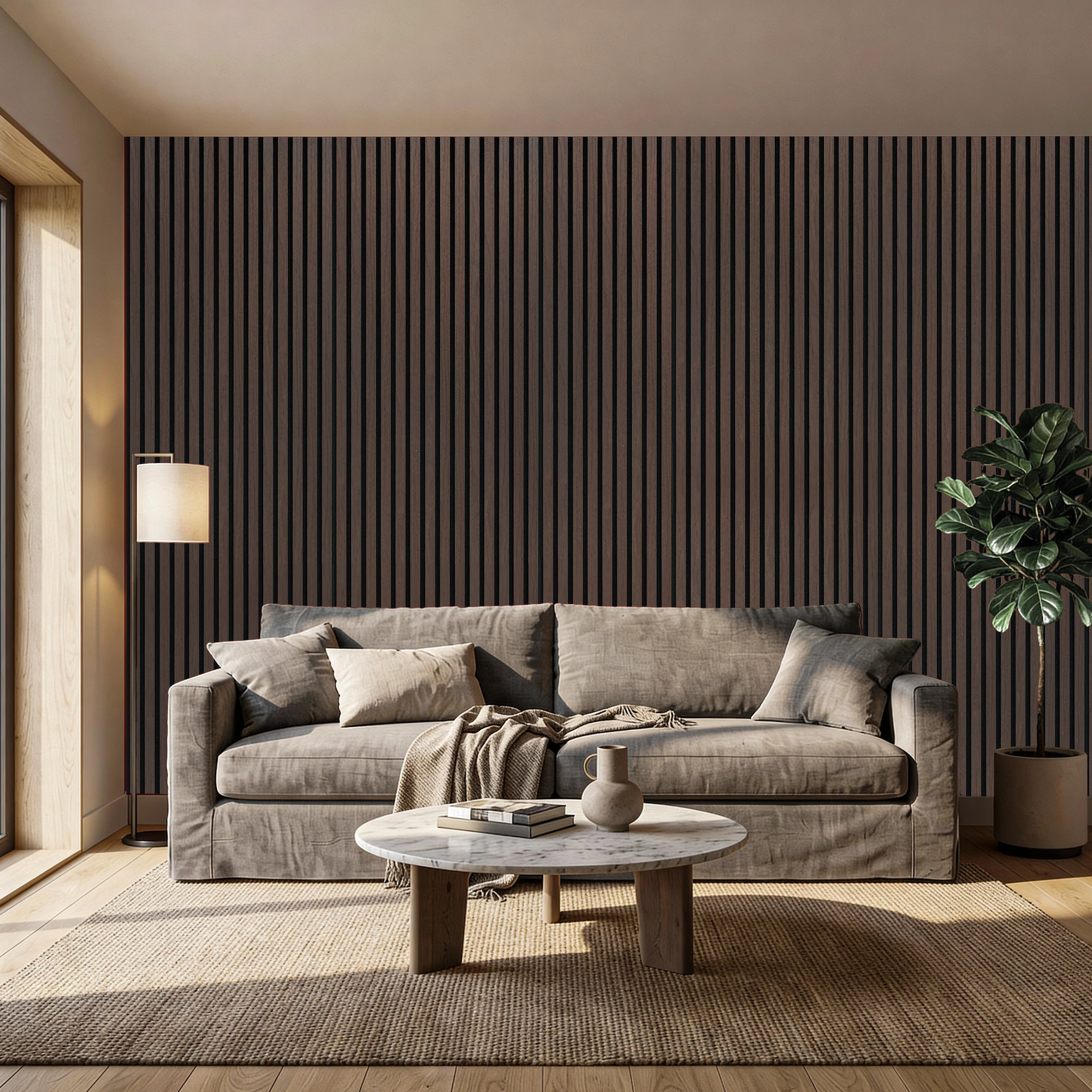 Acoustic Slat Wood Wall Panel - Smoked Oak - 2400 – in a styled room setting