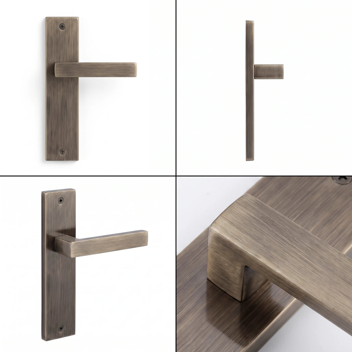Lumina Antique Brass Passage Door Handles on Backplate – shown from multiple angles