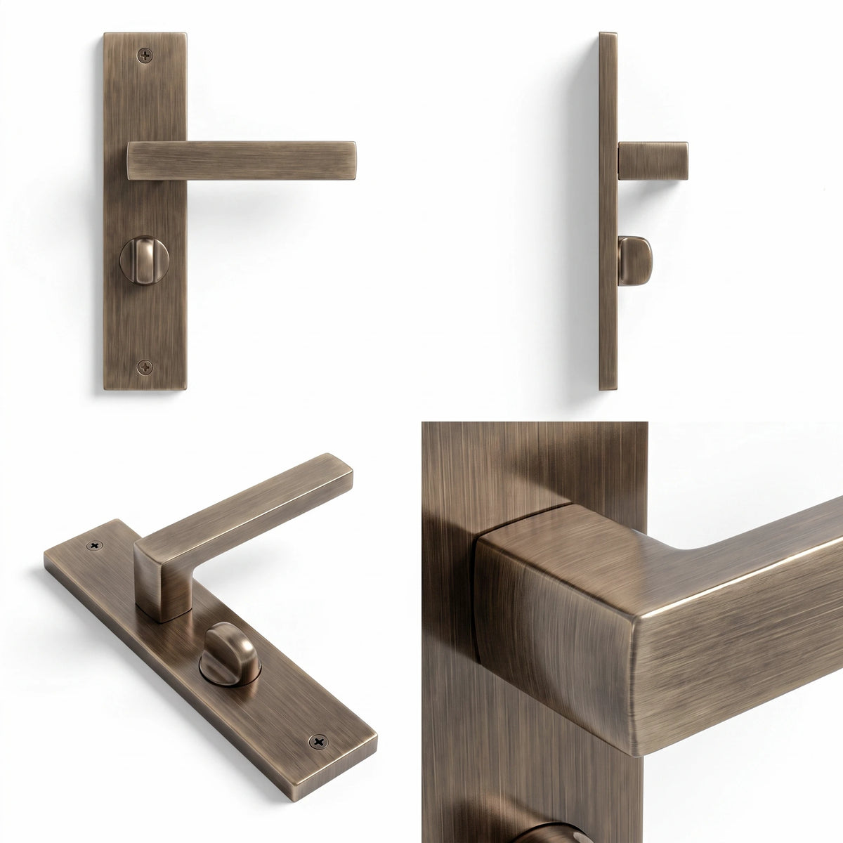 Lumina Antique Brass Door Lever Handles on Backplate – shown from multiple angles