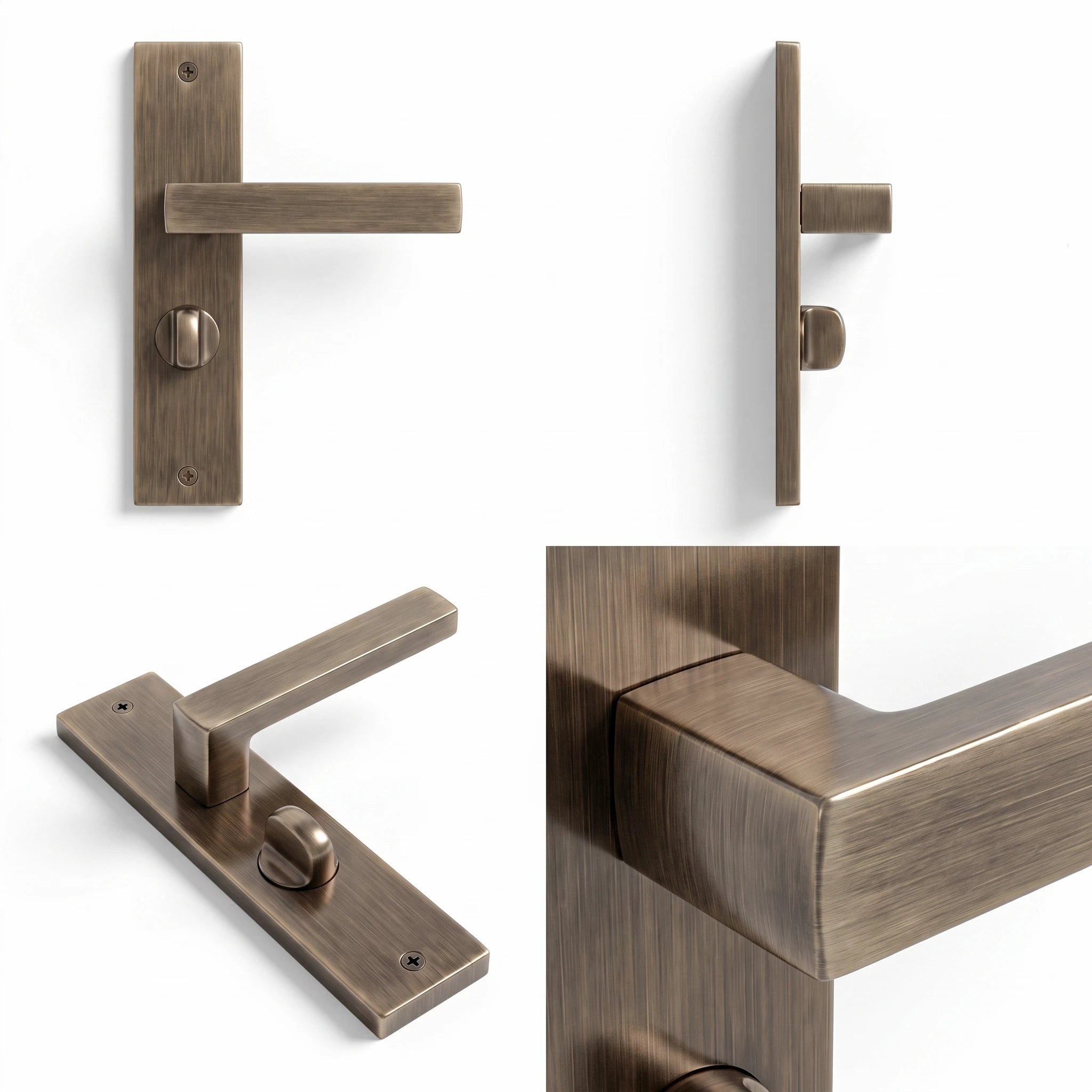 Lumina Antique Brass Bathroom Door Handles on Backplate – shown from multiple angles