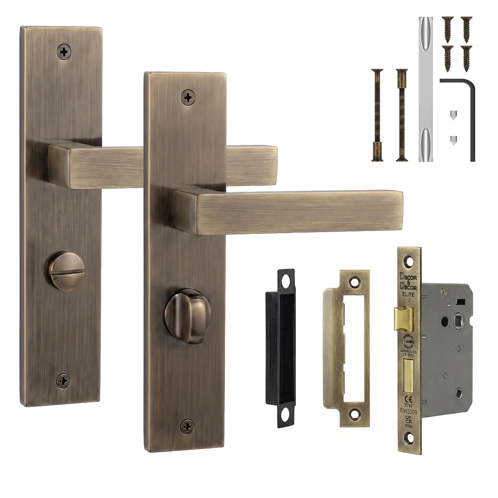 Lumina Antique Brass Bathroom Door Handles on Backplate - Bathroom Kit