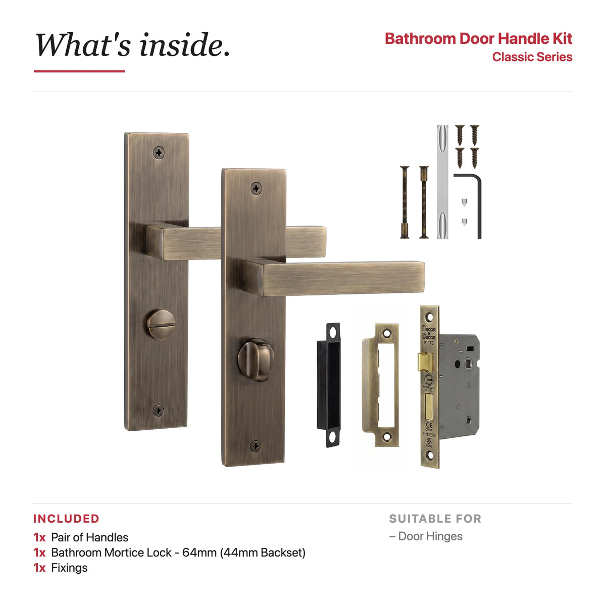 Lumina Antique Brass Bathroom Door Handles on Backplate – showing what's included in the box