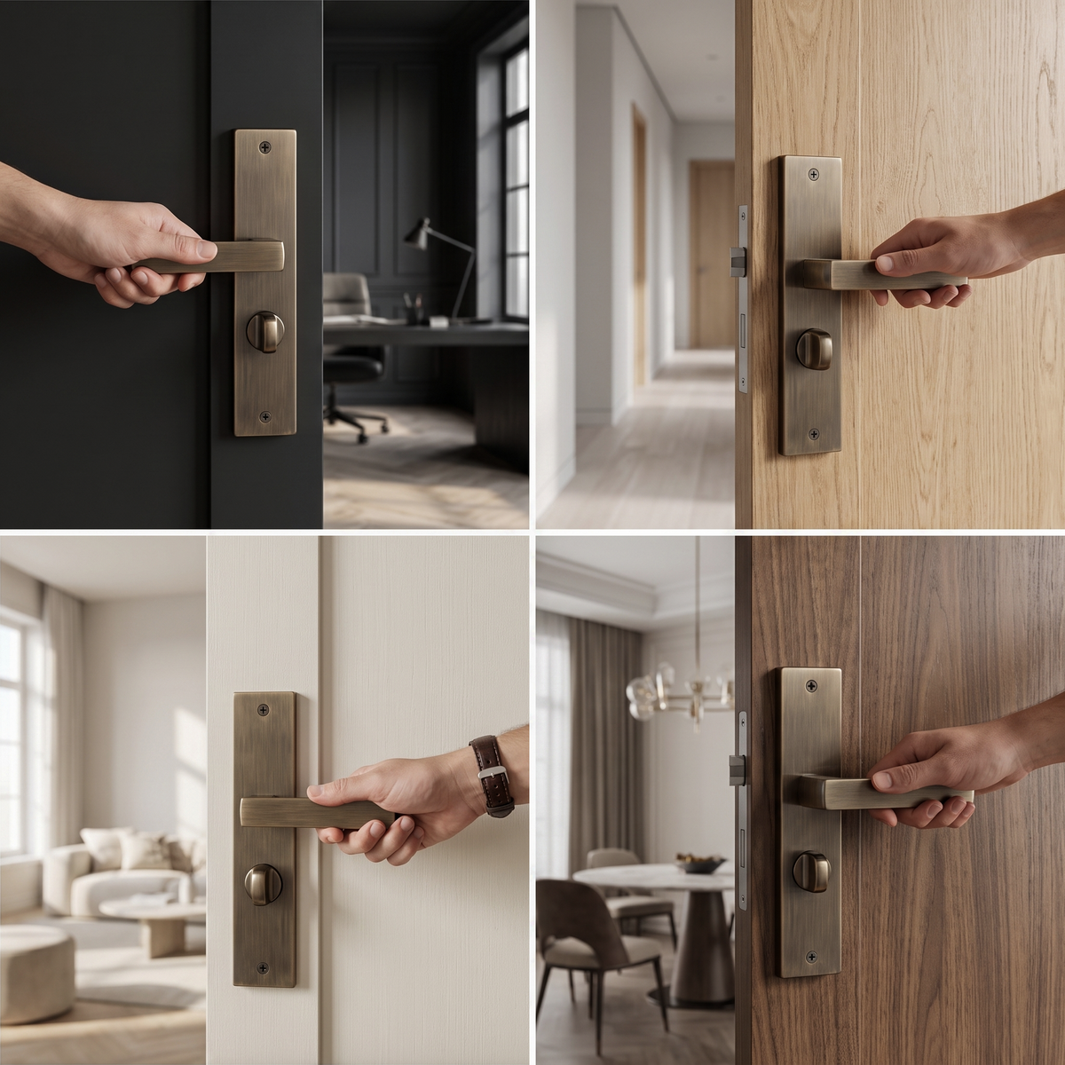 Lumina Antique Brass Bathroom Door Lever Handles on Backplate – fitted on an interior door in a styled room setting