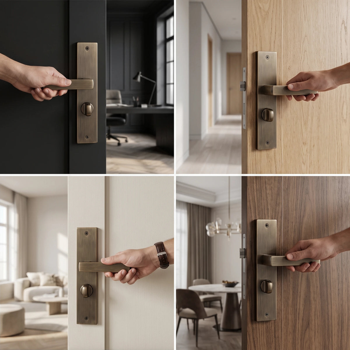 Lumina Antique Brass Door Lever Handles on Backplate – fitted on an interior door in a styled room setting