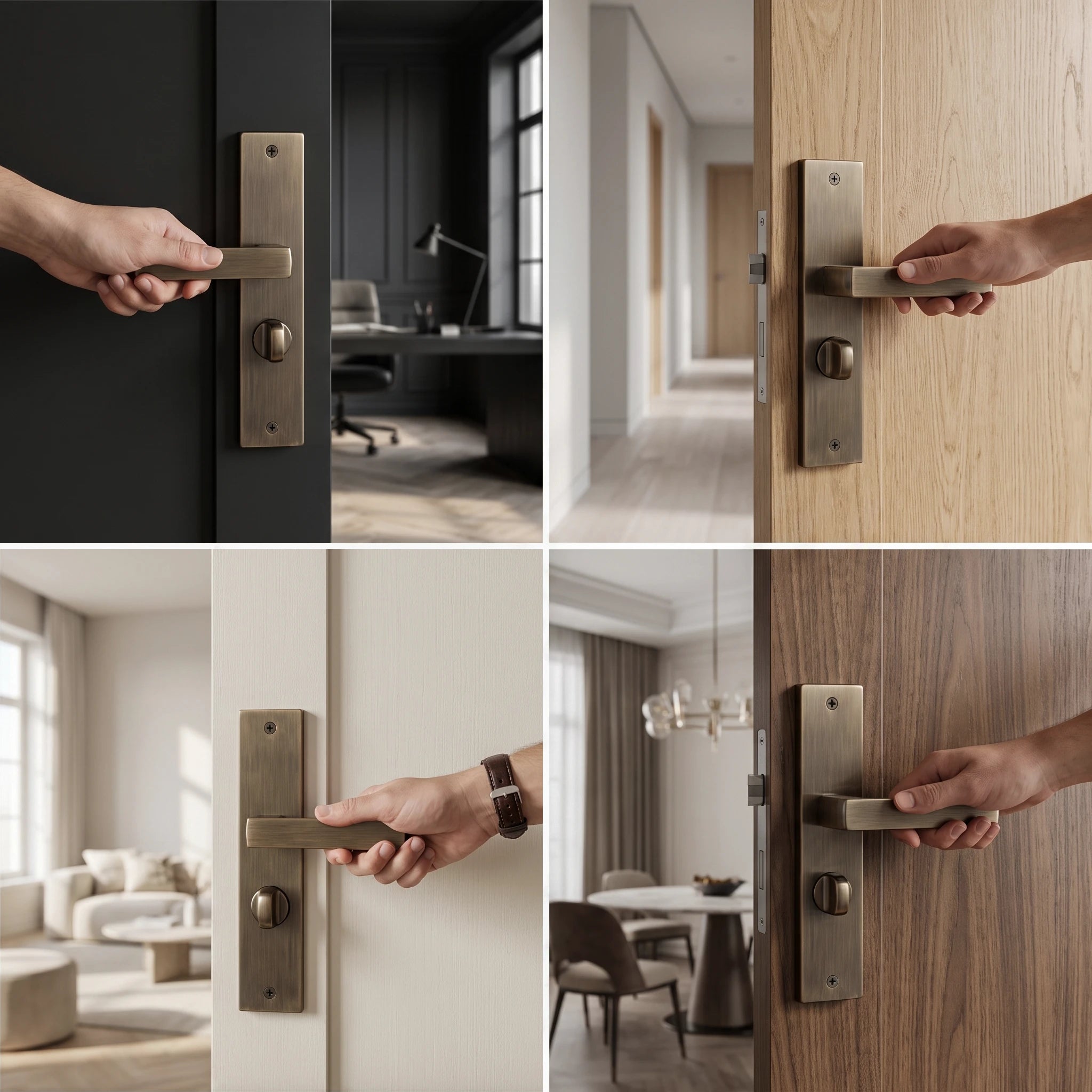 Lumina Antique Brass Bathroom Door Handles on Backplate – fitted on an interior door in a styled room setting