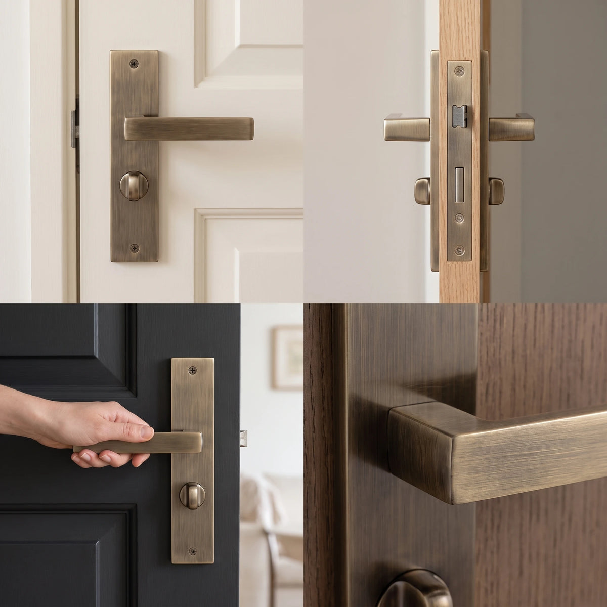 Lumina Antique Brass Door Lever Handles on Backplate – fitted on an interior door in a styled room setting 2