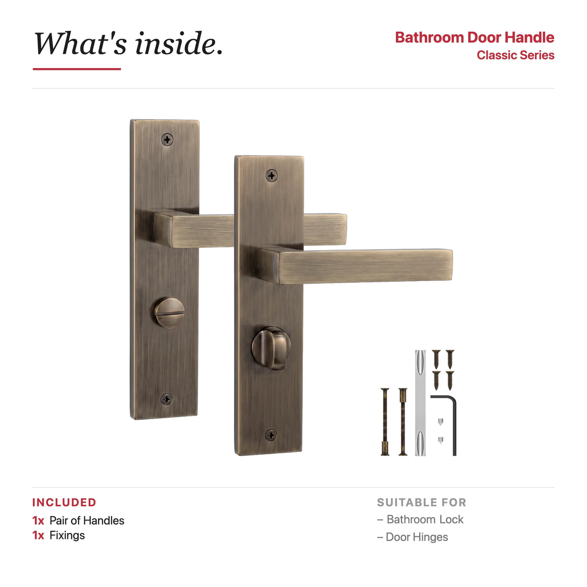 Lumina Antique Brass Door Lever Handles on Backplate – showing what's included in the box