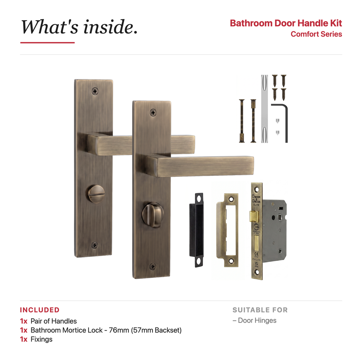 Lumina Antique Brass Bathroom Door Lever Handles on Backplate – showing what's included in the box