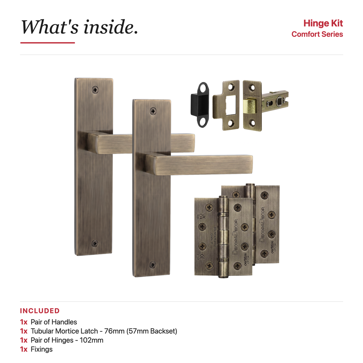 Lumina Antique Brass Passage Door Lever Handles on Backplate – showing what's included in the box