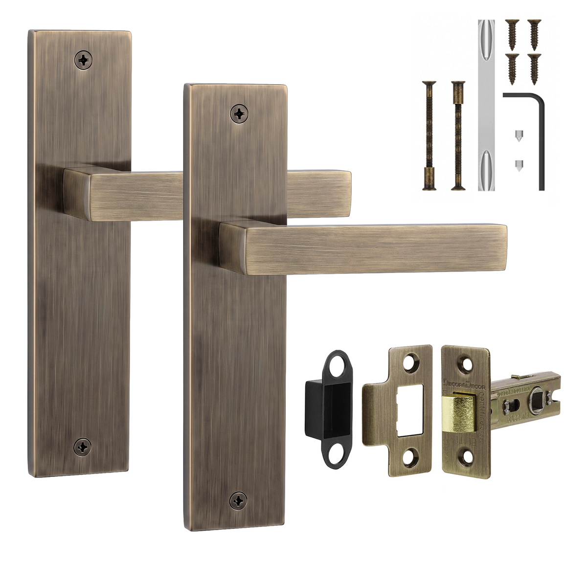 Lumina Antique Brass Passage Door Lever Handles on Backplate - Latch Kit 76mm