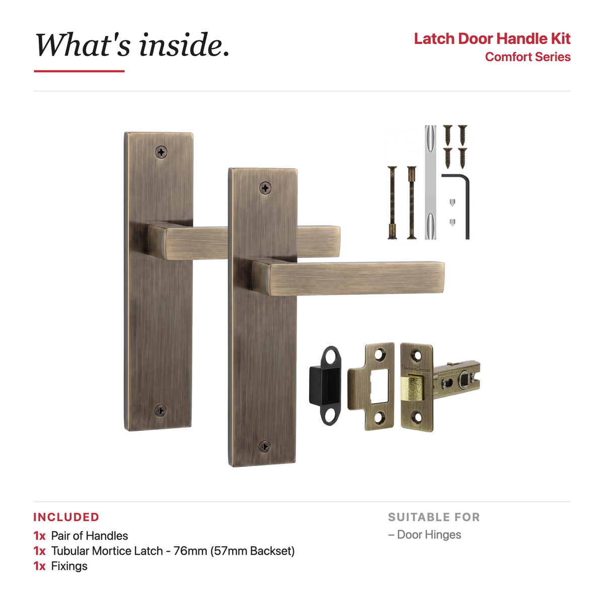 Lumina Antique Brass Passage Door Lever Handles on Backplate – showing what's included in the box