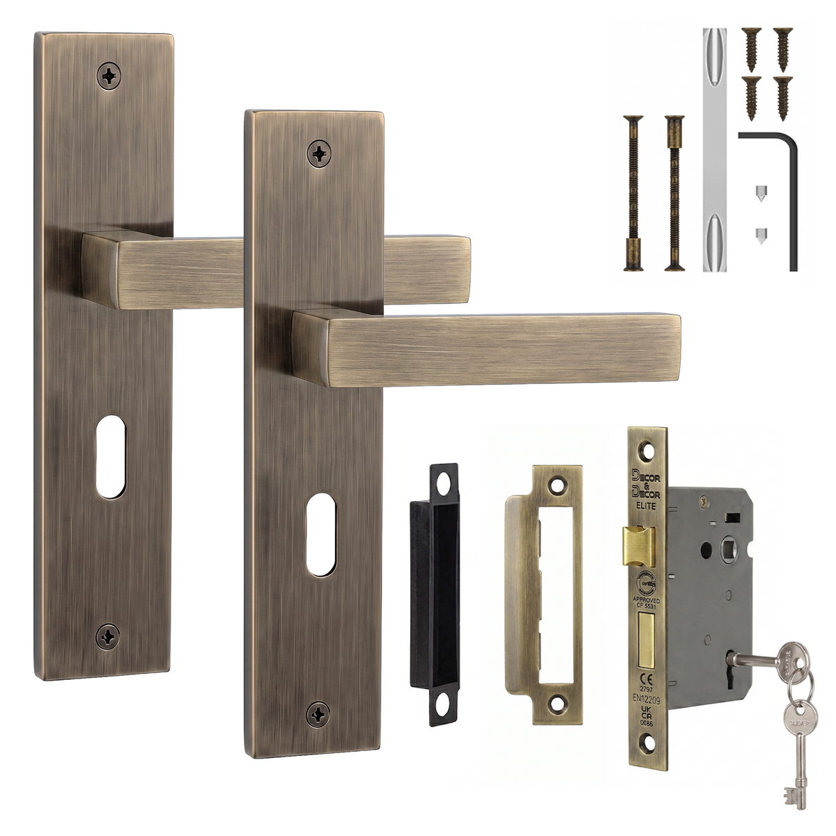 Lumina Antique Brass Privacy Door Lever Handles on Backplate - Sash Lock Kit 76mm