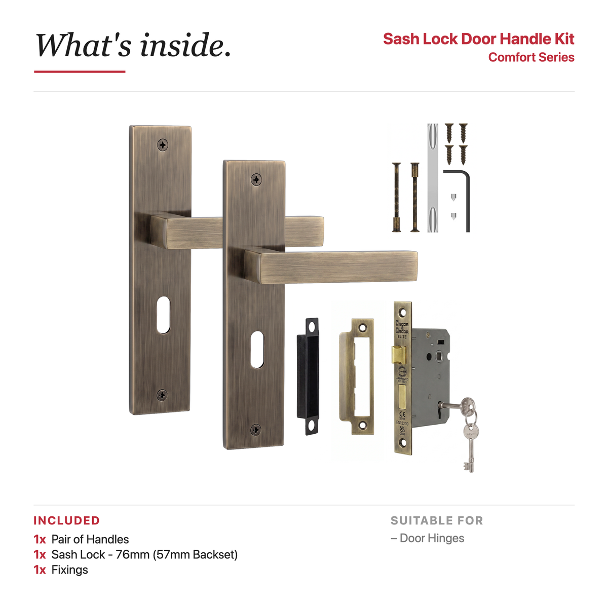 Lumina Antique Brass Privacy Door Lever Handles on Backplate – showing what's included in the box