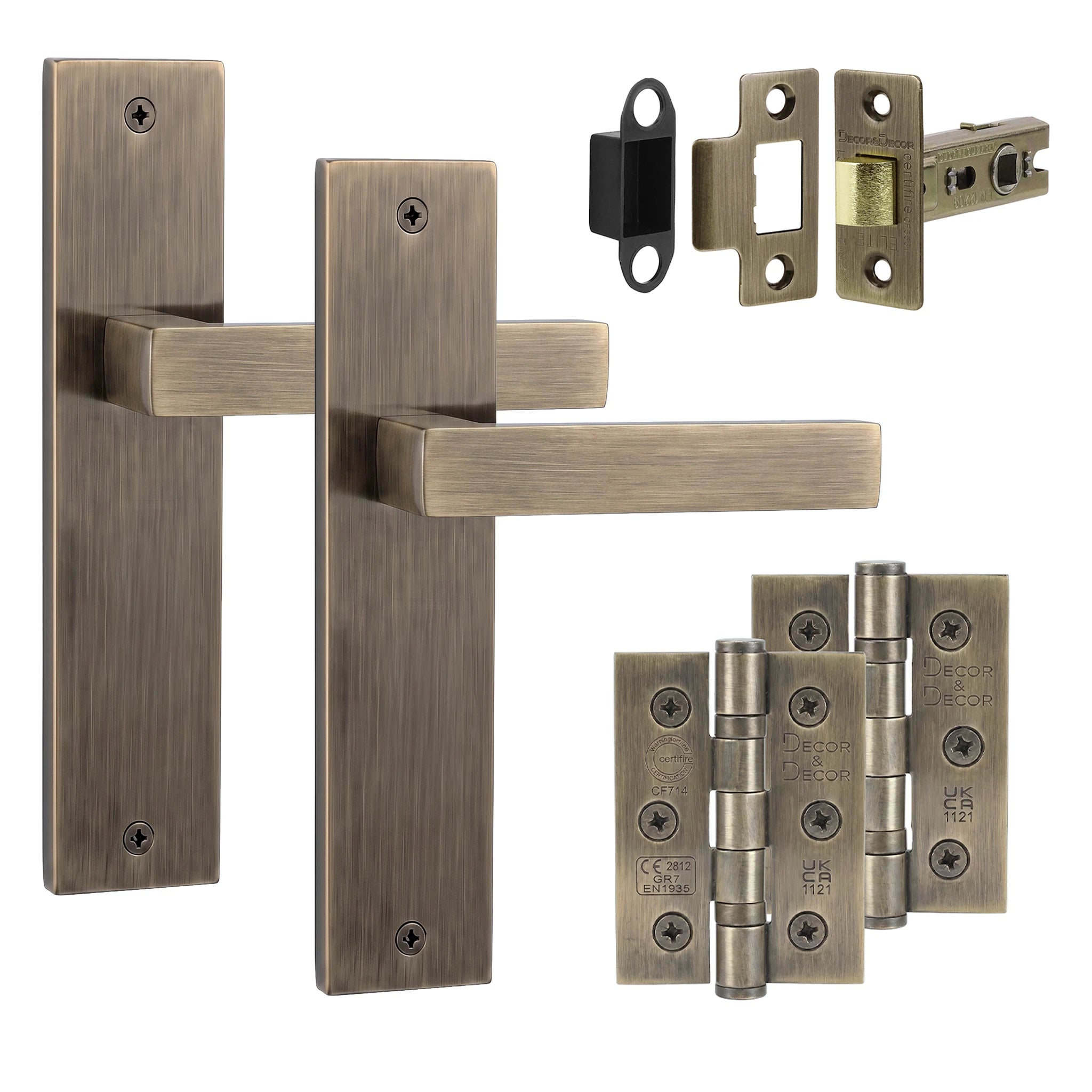 Lumina Antique Brass Passage Door Handles on Backplate - Latch and Hinge Set