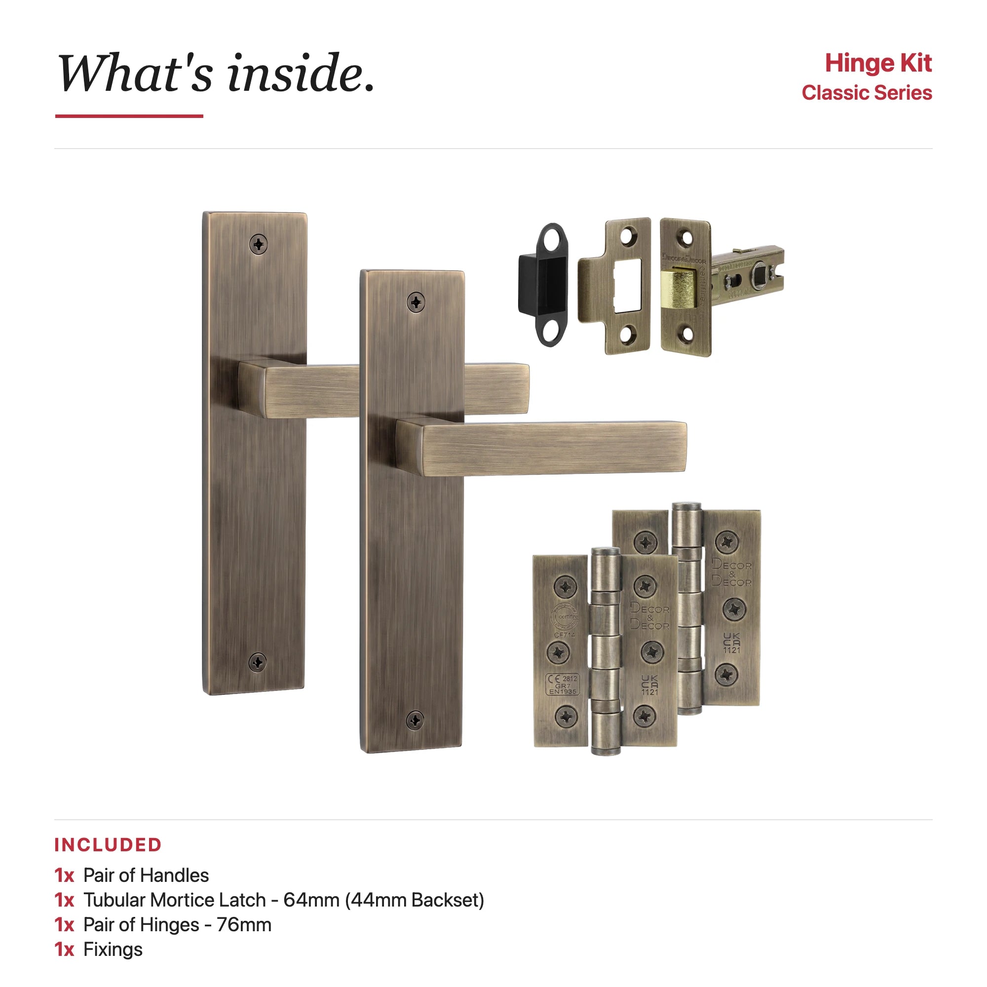 Lumina Antique Brass Passage Door Handles on Backplate – showing what's included in the box