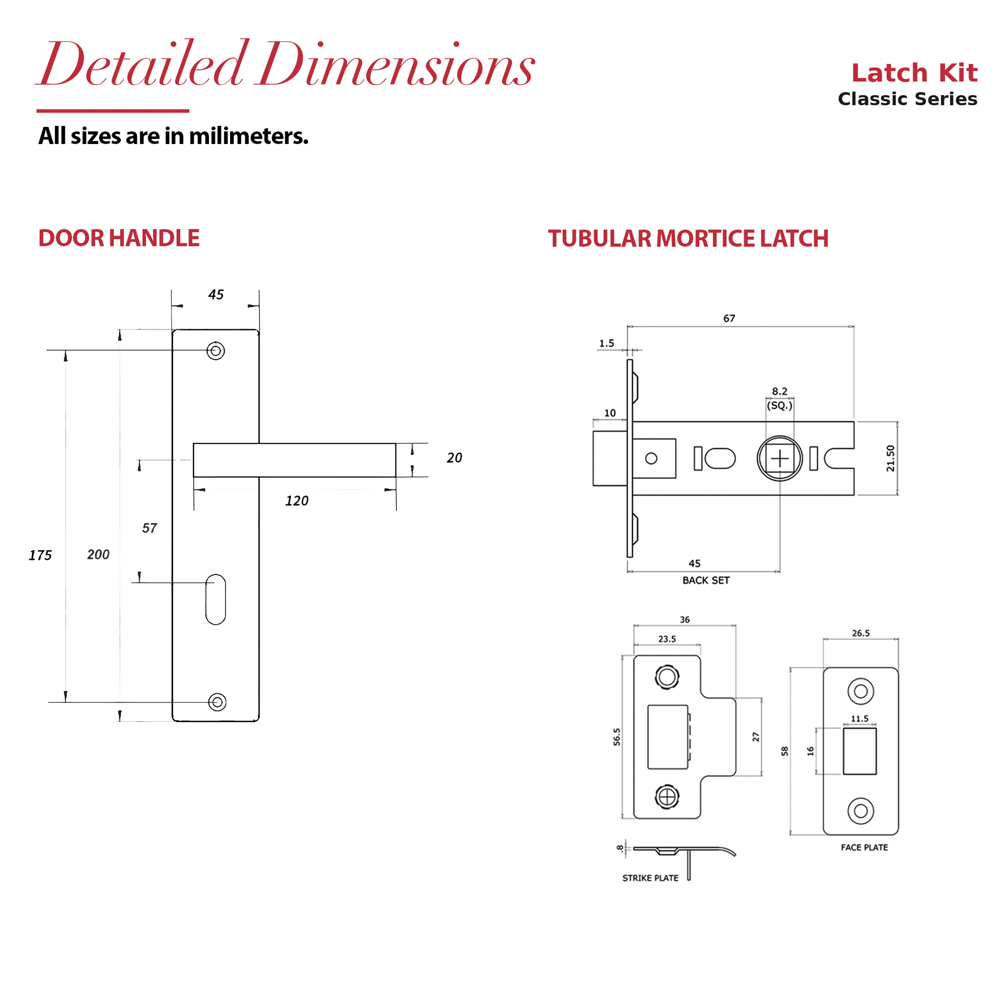 Lumina Antique Brass Passage Door Handles on Backplate – dimensions and measurements diagram