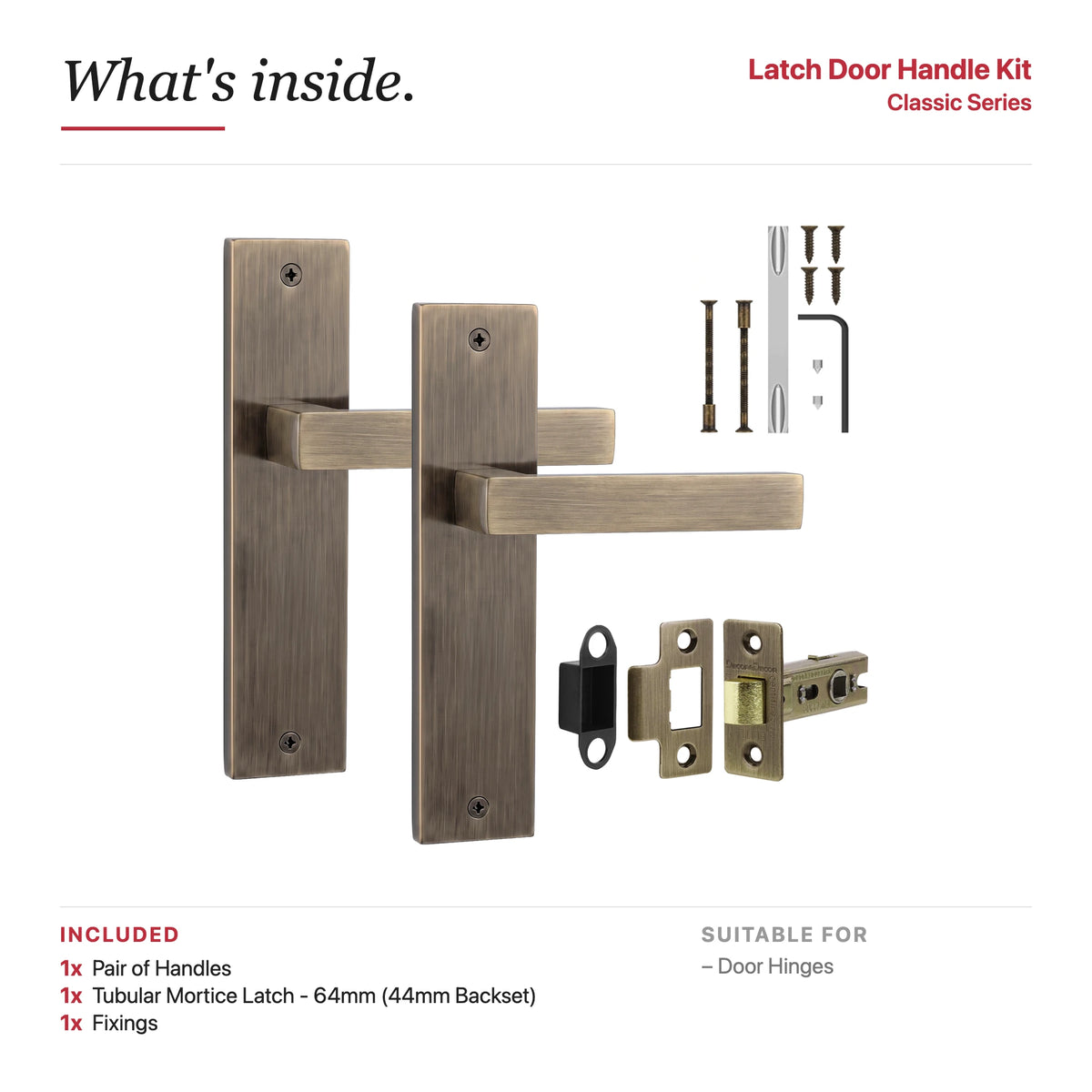 Lumina Antique Brass Passage Door Handles on Backplate – showing what's included in the box