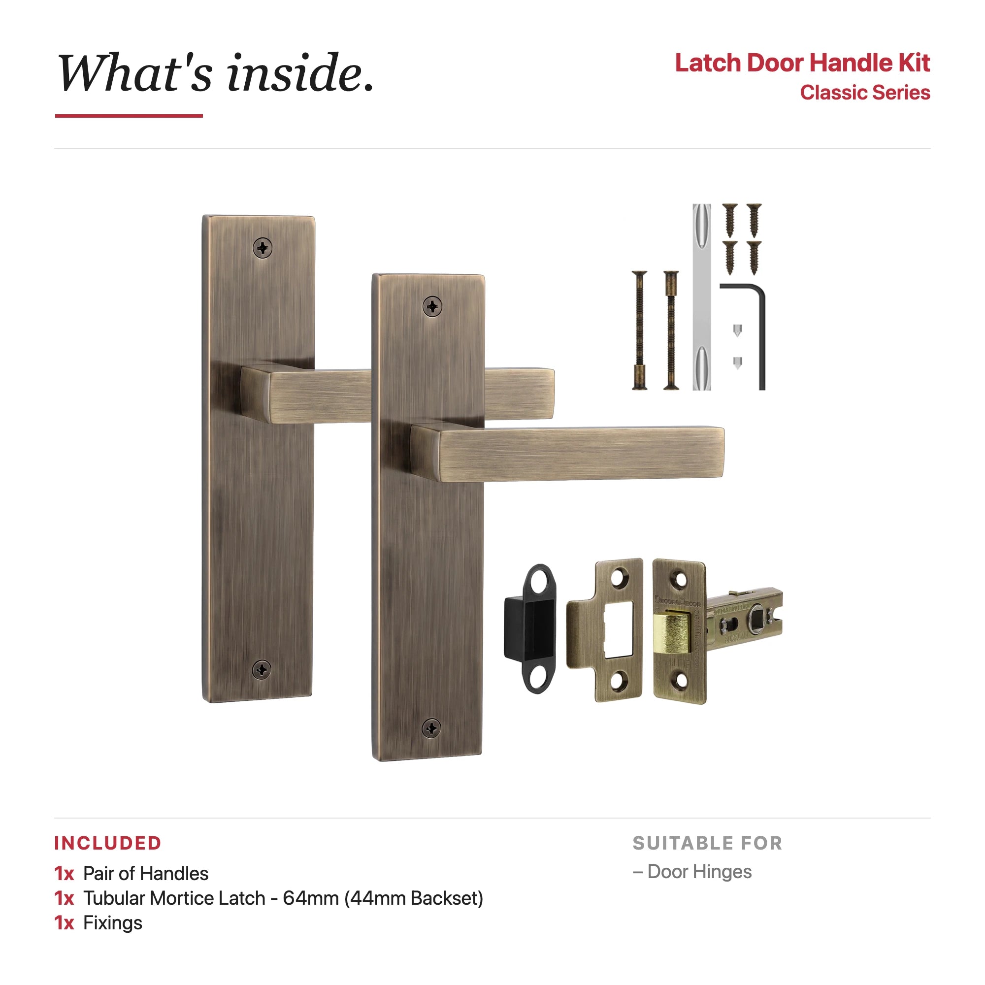 Lumina Antique Brass Passage Door Handles on Backplate – showing what's included in the box