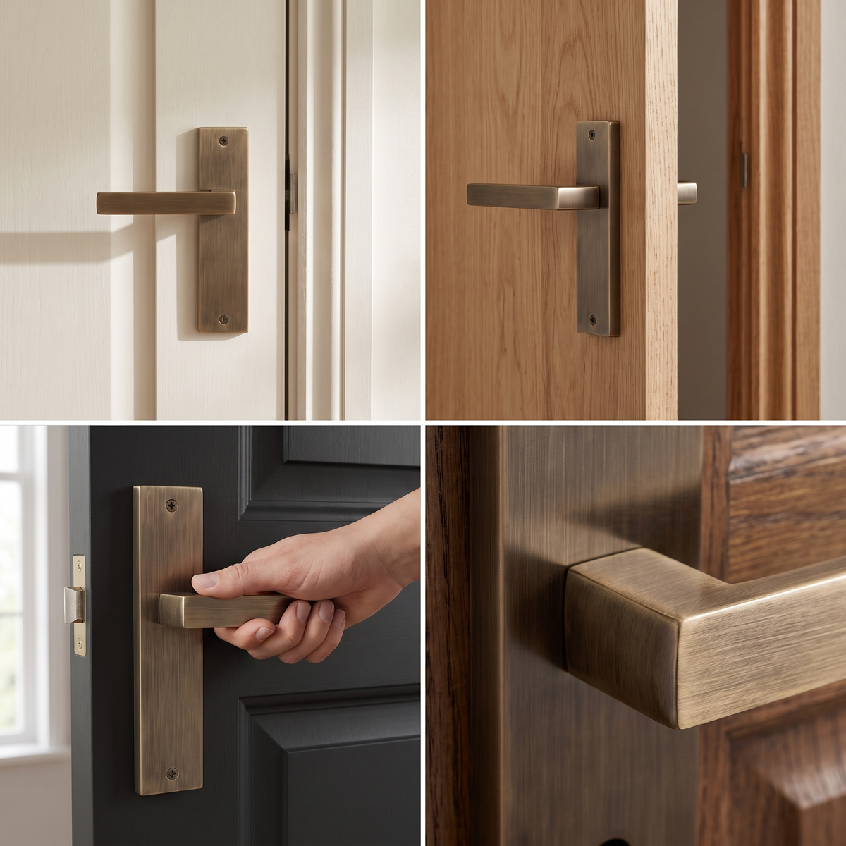 Lumina Antique Brass Passage Door Lever Handles on Backplate – fitted on an interior door in a styled room setting