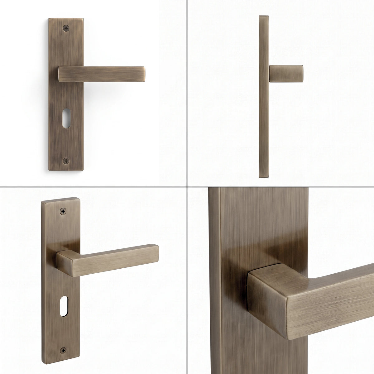 Lumina Antique Brass Door Lever Handles on Backplate – shown from multiple angles