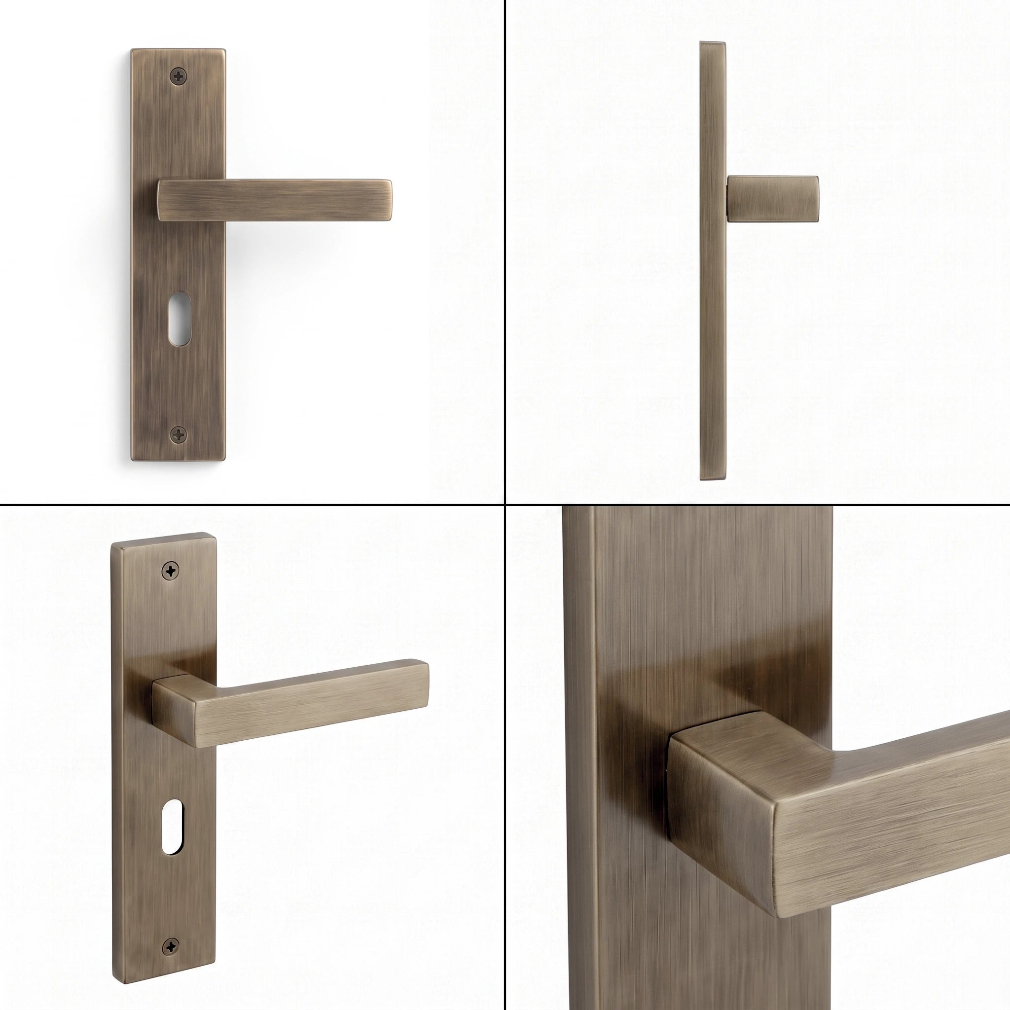 Lumina Antique Brass Privacy Door Handles on Backplate with Keys – shown from multiple angles