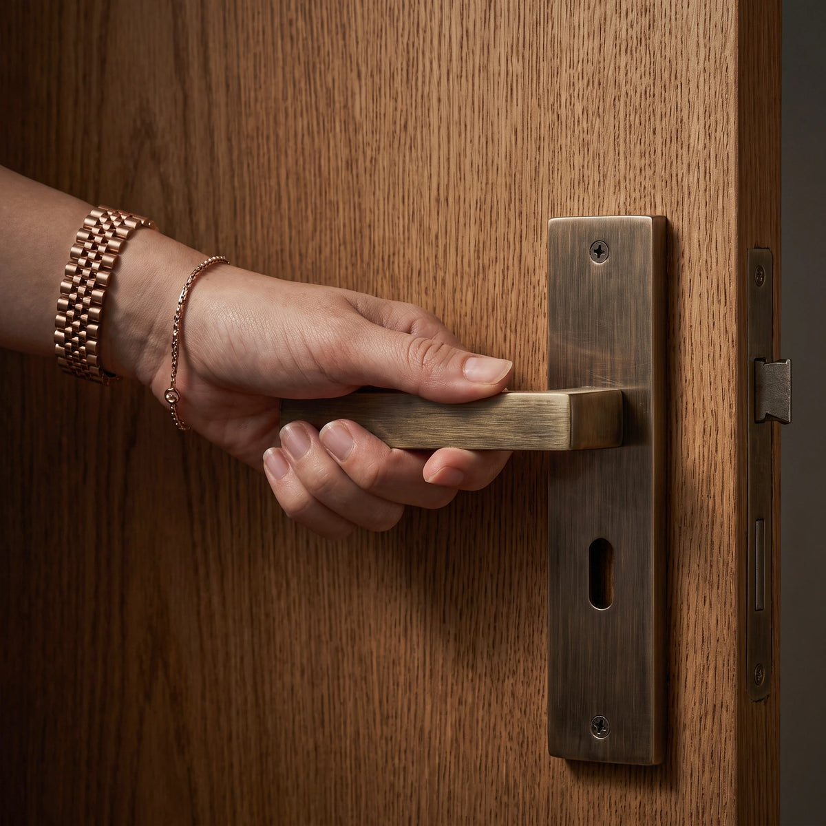 Lumina Antique Brass Door Lever Handles on Backplate – held in hand to show the size and finish