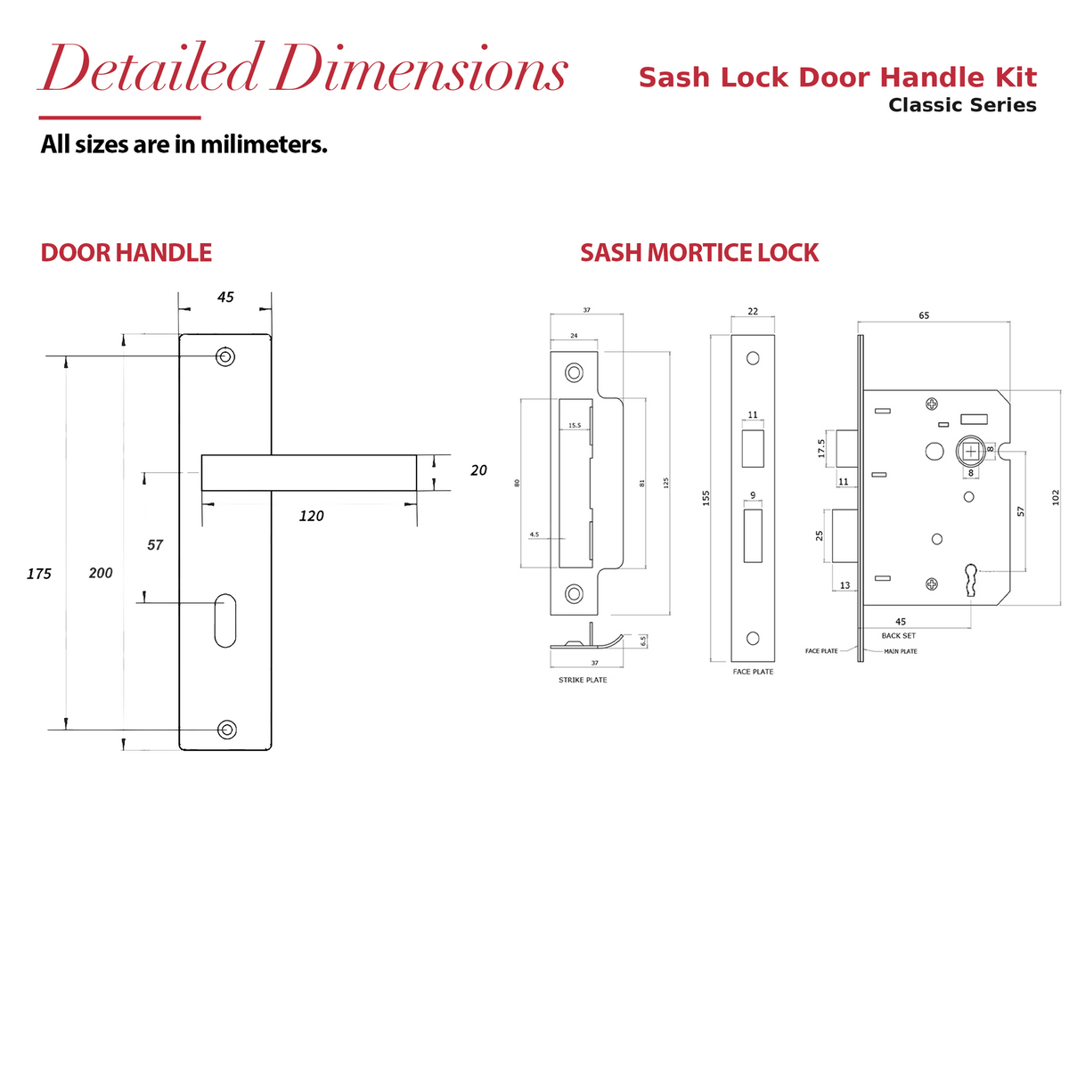 Lumina Antique Brass Privacy Door Handles on Backplate with Keys – dimensions and measurements diagram