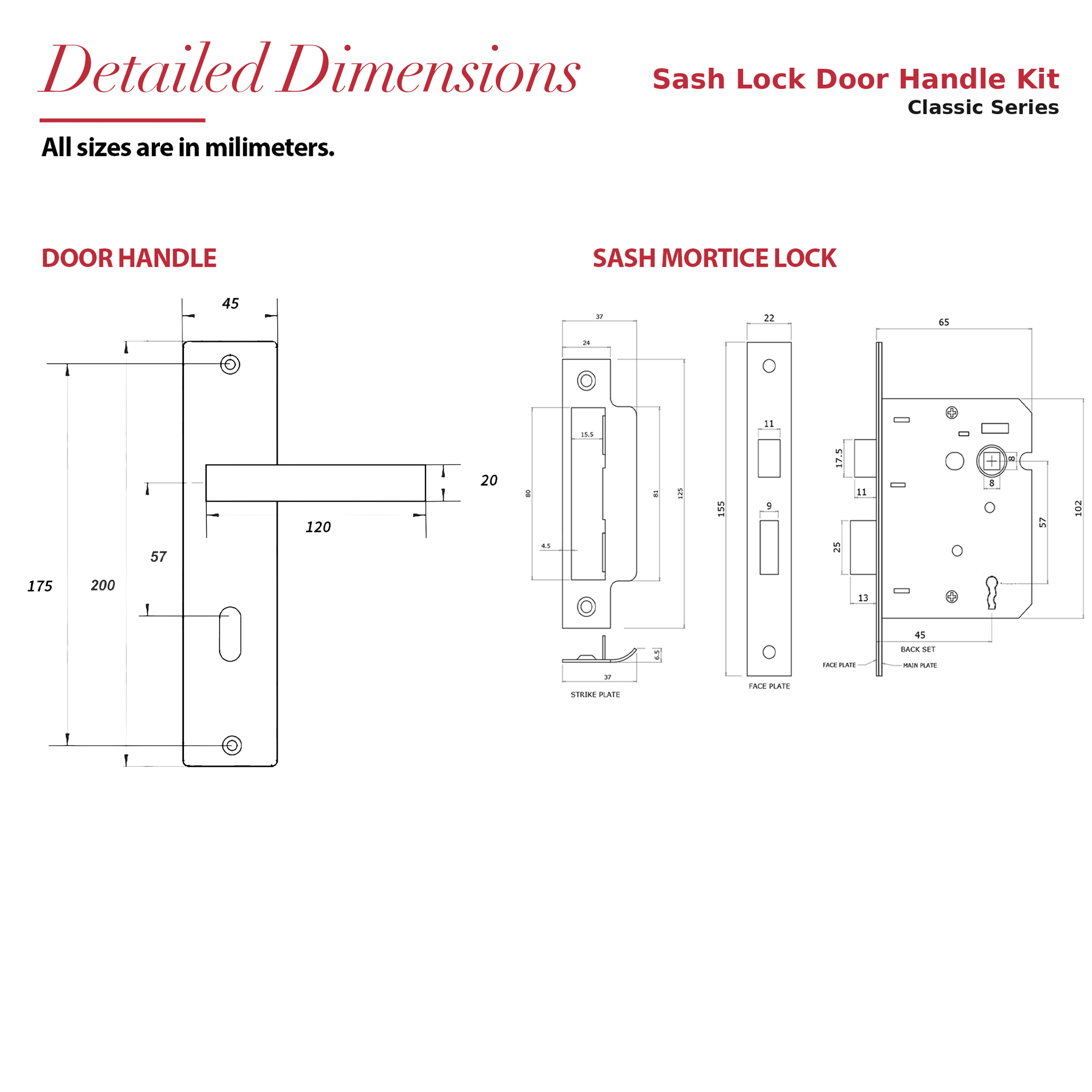 Lumina Antique Brass Privacy Door Handles on Backplate with Keys – dimensions and measurements diagram